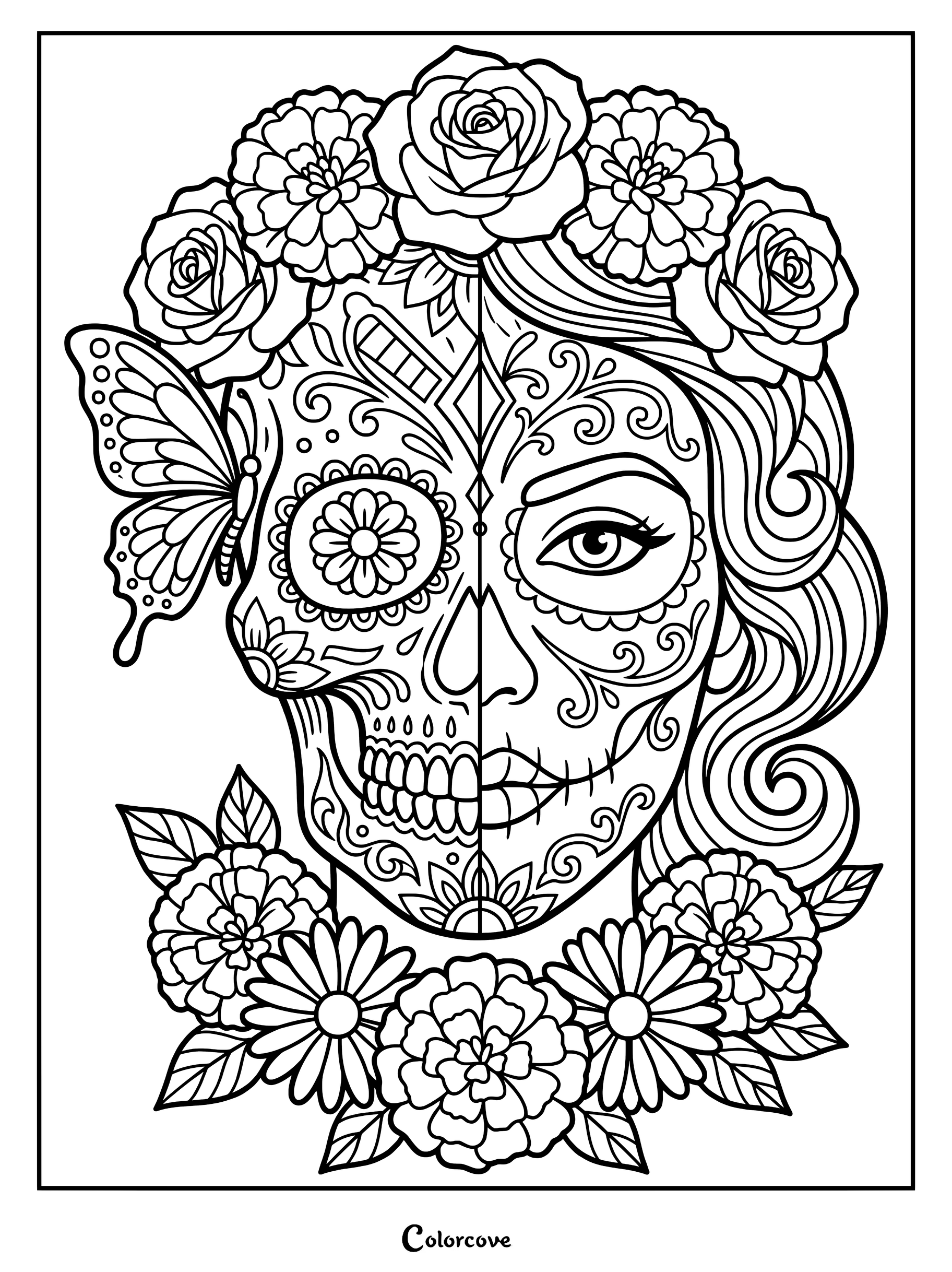 A Gothic sugar skull coloring page featuring a woman with half-skull face paint, a butterfly, and a crown of roses.