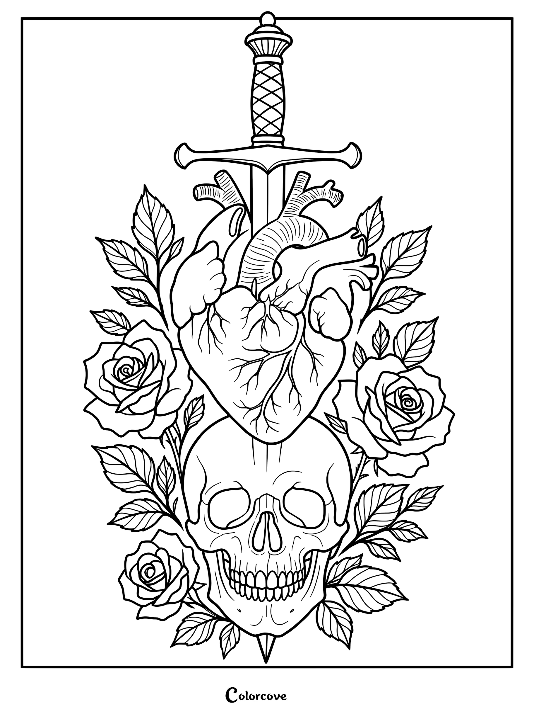 A detailed gothic coloring page featuring an anatomical heart pierced by a dagger resting above a human skull surrounded by blooming roses.