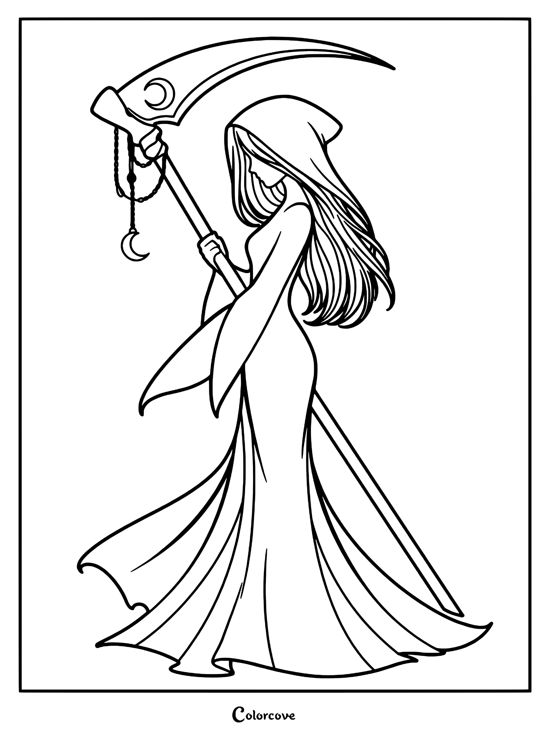 A gothic coloring page featuring a hooded female figure holding a scythe adorned with a crescent moon charm.