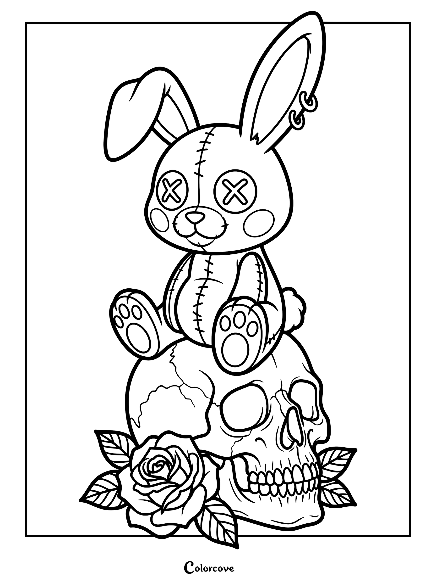 A gothic coloring page featuring a stitched voodoo bunny with button eyes and ear piercings sitting atop a human skull adorned with a rose.