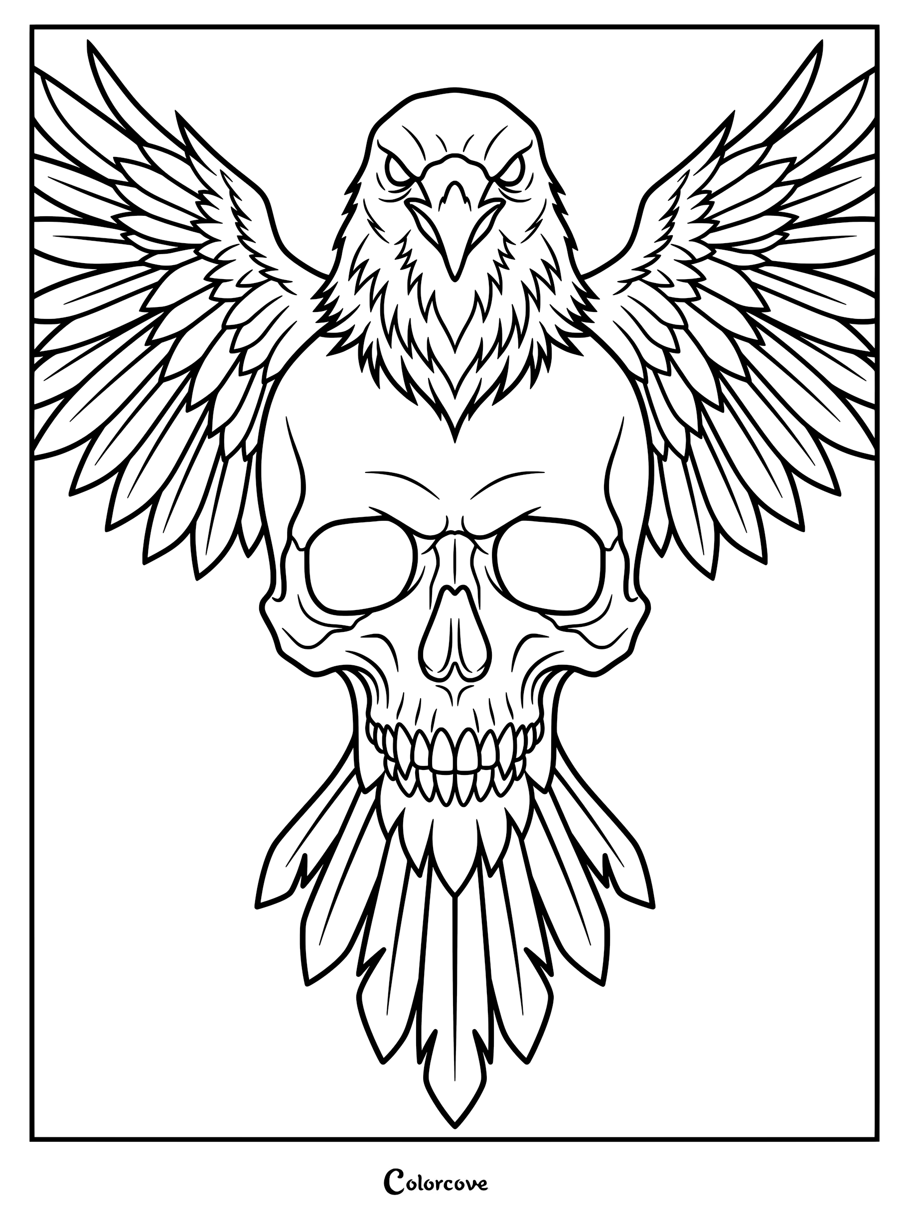 A detailed gothic coloring page featuring a raven with spread wings perched atop a human skull.