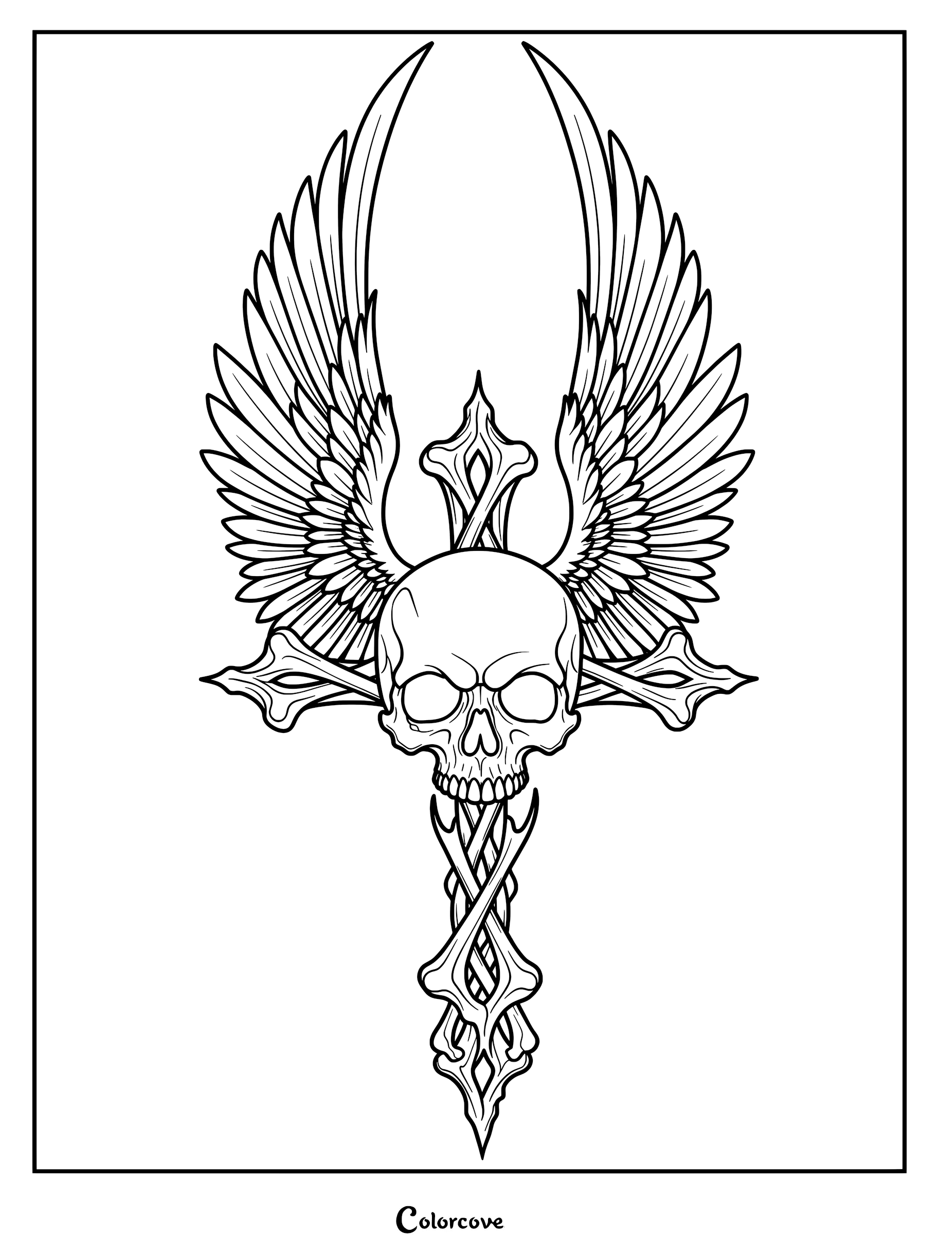 A detailed gothic coloring page featuring a human skull centered on an ornate, braided cross with large, feathered wings extending upwards.
