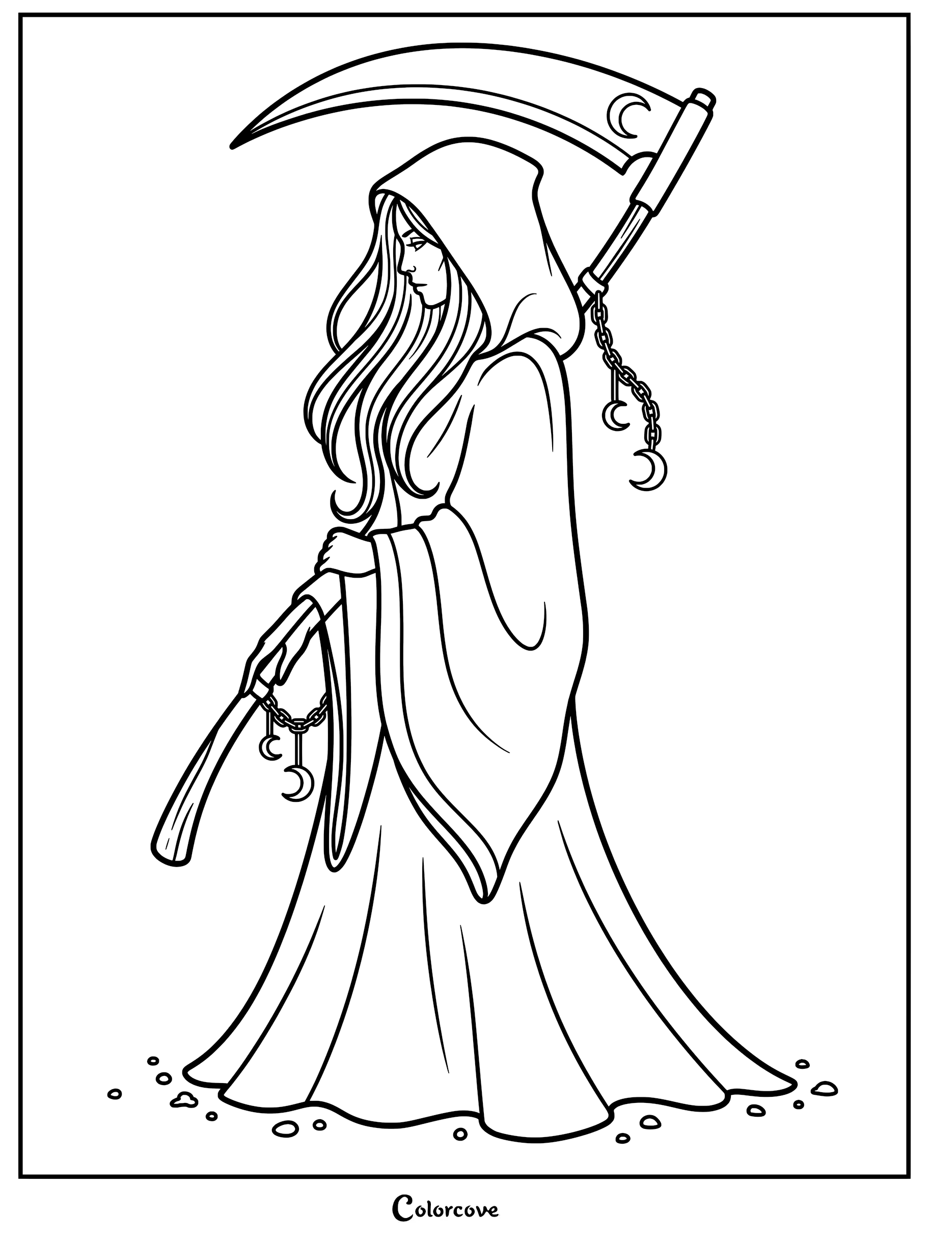 Gothic Grim Reaper coloring page featuring a hooded woman holding a scythe adorned with crescent moon chains.