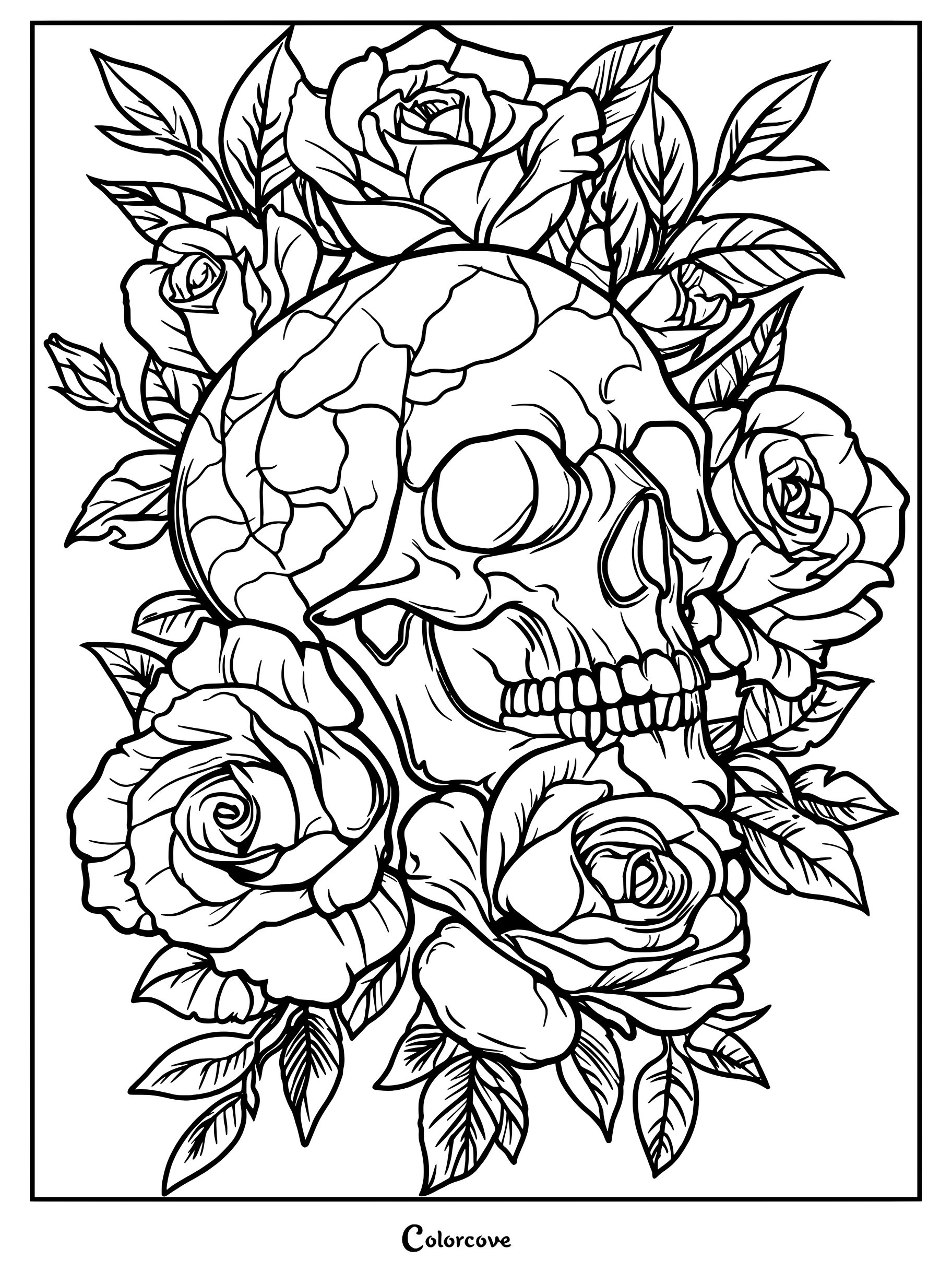 A detailed Gothic coloring page featuring a human skull surrounded by blooming roses and lush leaves in a tattoo-style illustration.