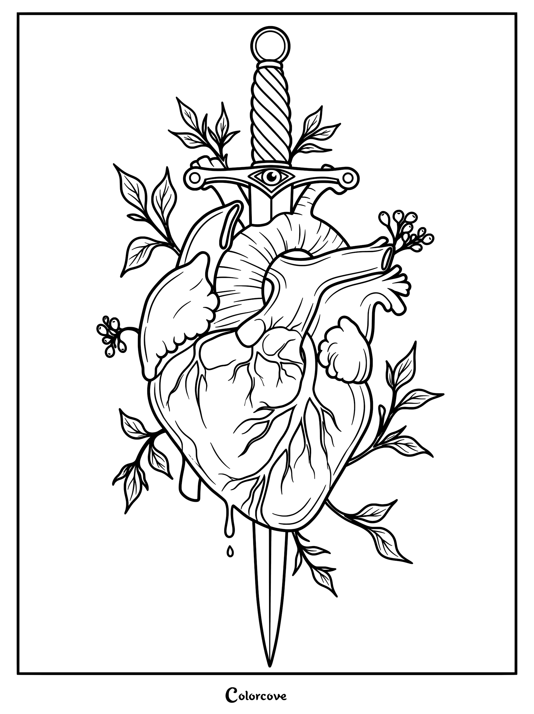 Anatomical heart pierced by an ornate dagger with an eye on the hilt, surrounded by leaves, in a gothic coloring page style.