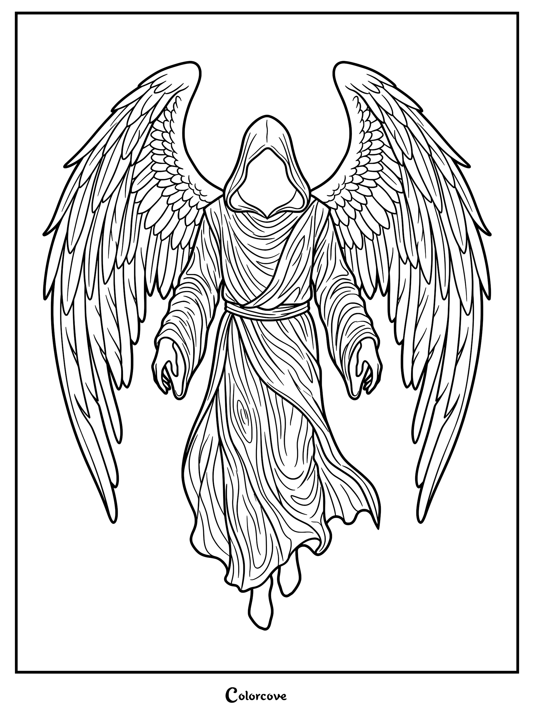 A line art coloring page featuring a faceless gothic angel with large feathered wings wearing a hooded robe.