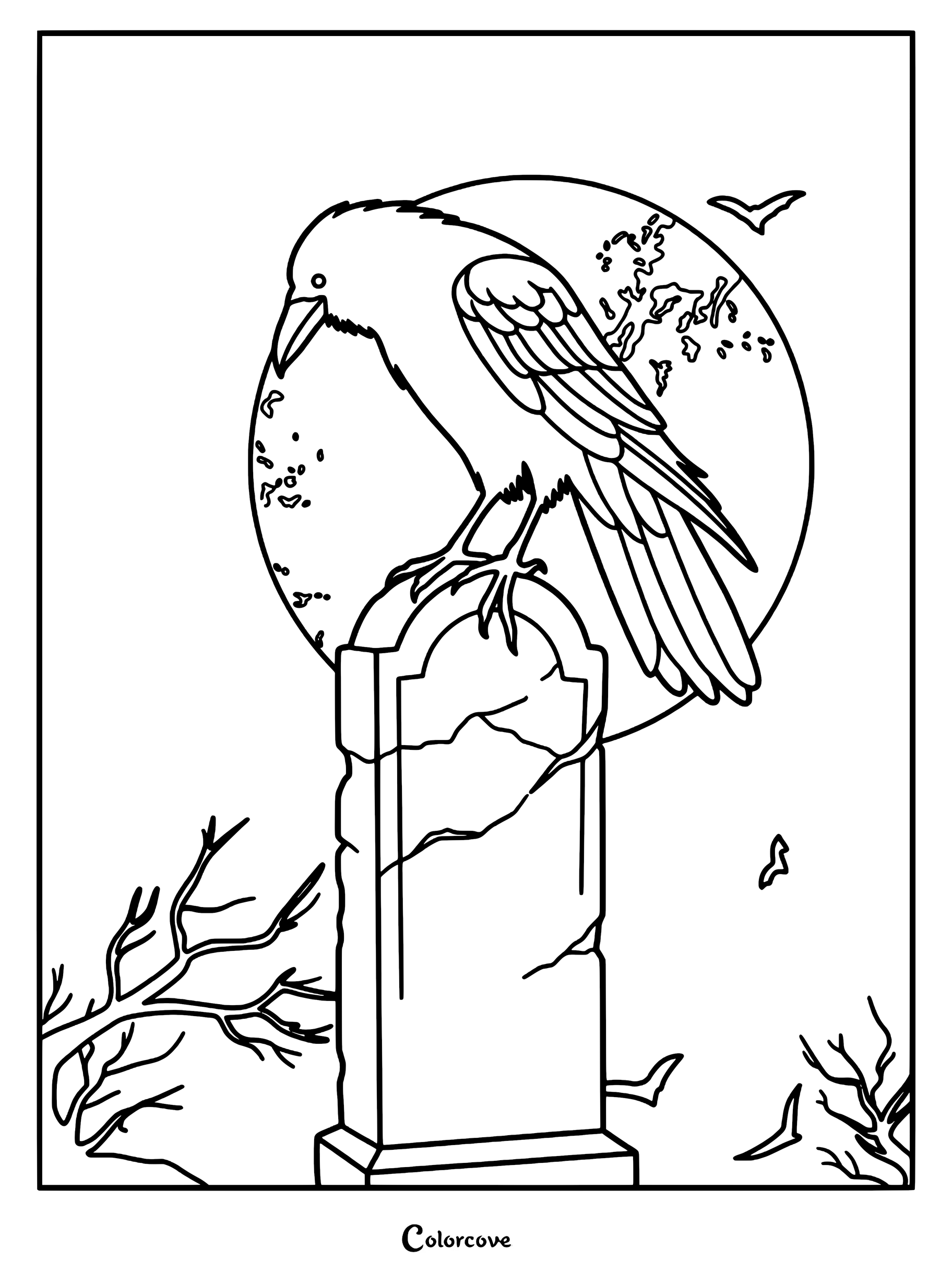 A gothic coloring page featuring a detailed raven perched atop a weathered, cracked tombstone against a large full moon background with bare tree branches.