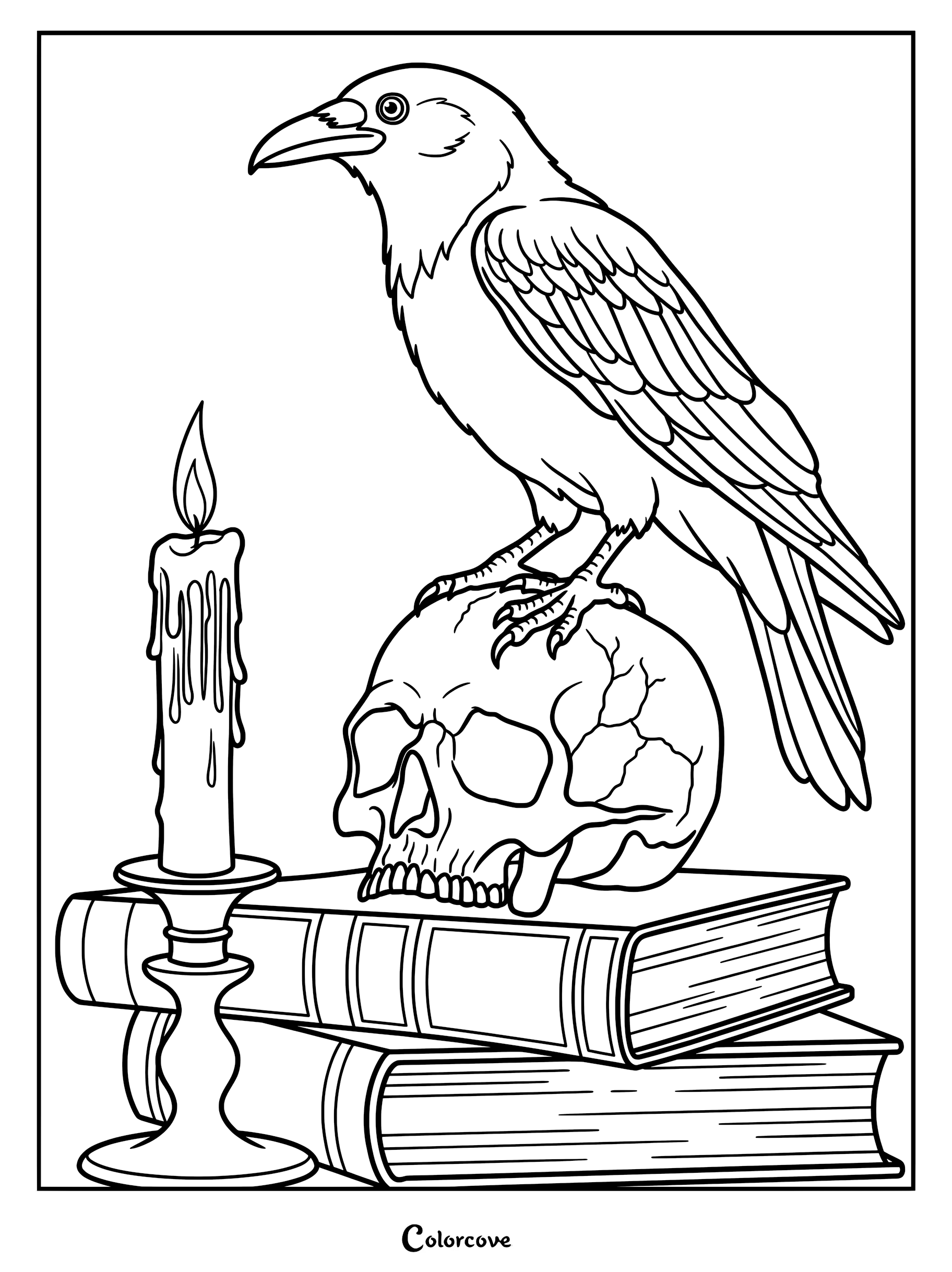 A detailed gothic coloring page featuring a raven perched on a human skull resting atop a stack of old books next to a lit candle.