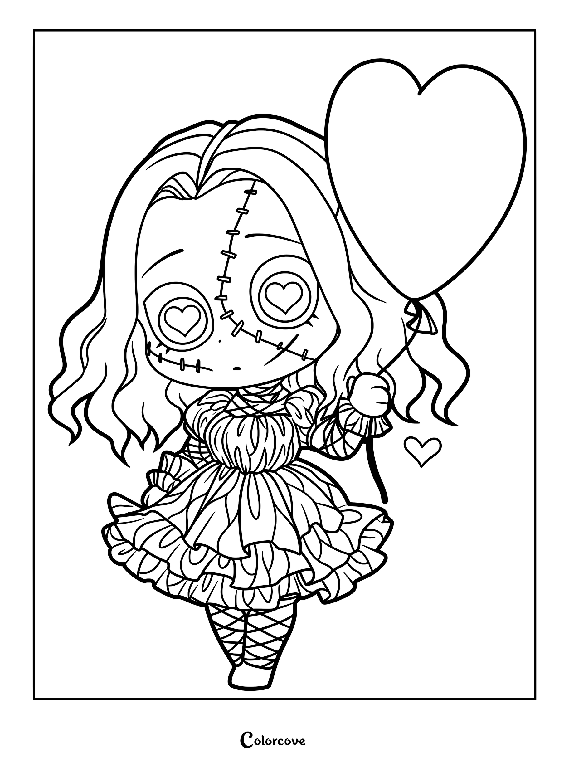Chibi Sally from The Nightmare Before Christmas holding a heart balloon, featuring stitched facial details and a ruffled dress in a gothic coloring page style.