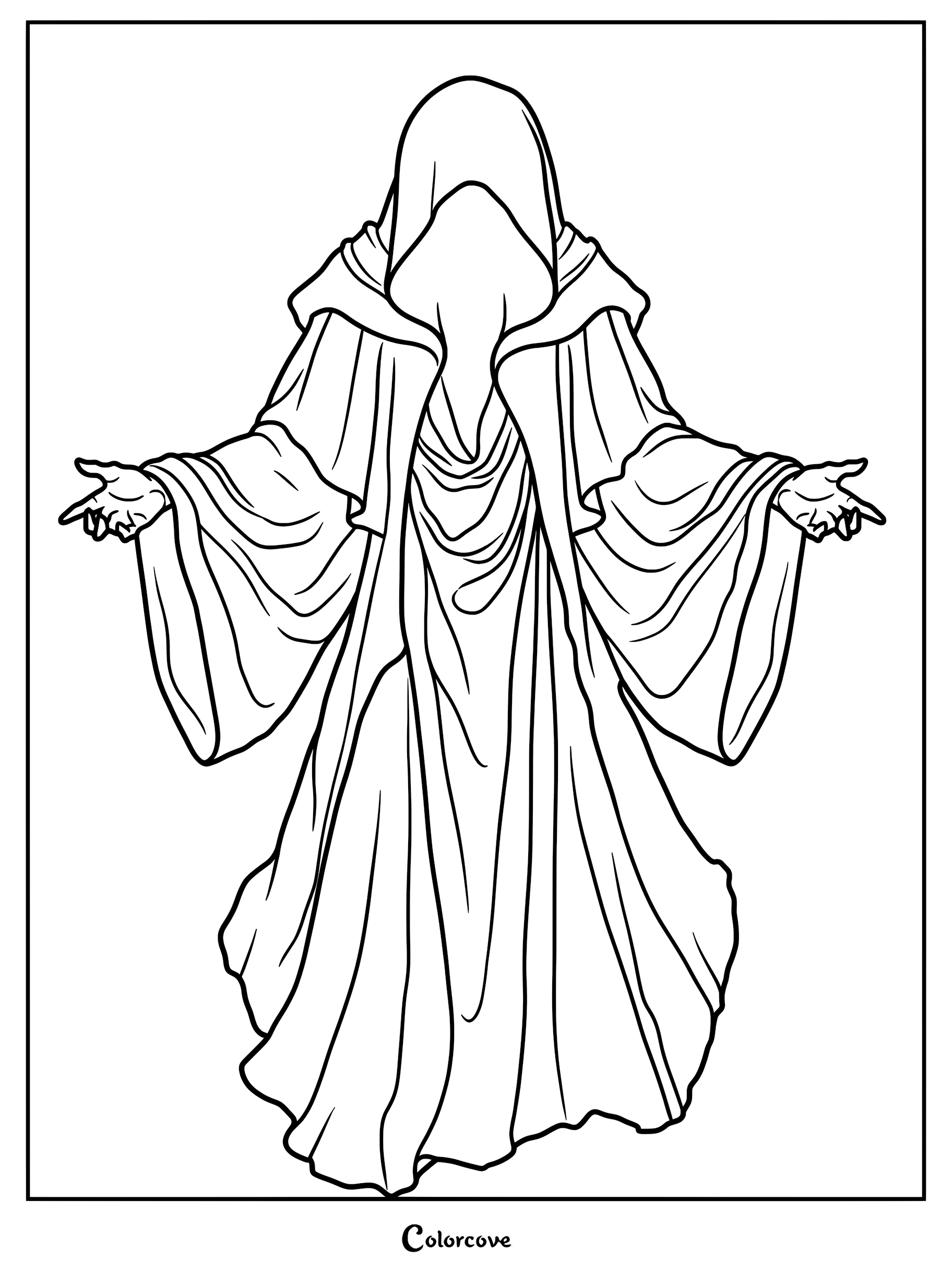 A gothic coloring page featuring a mysterious faceless figure in a flowing hooded robe with outstretched arms.