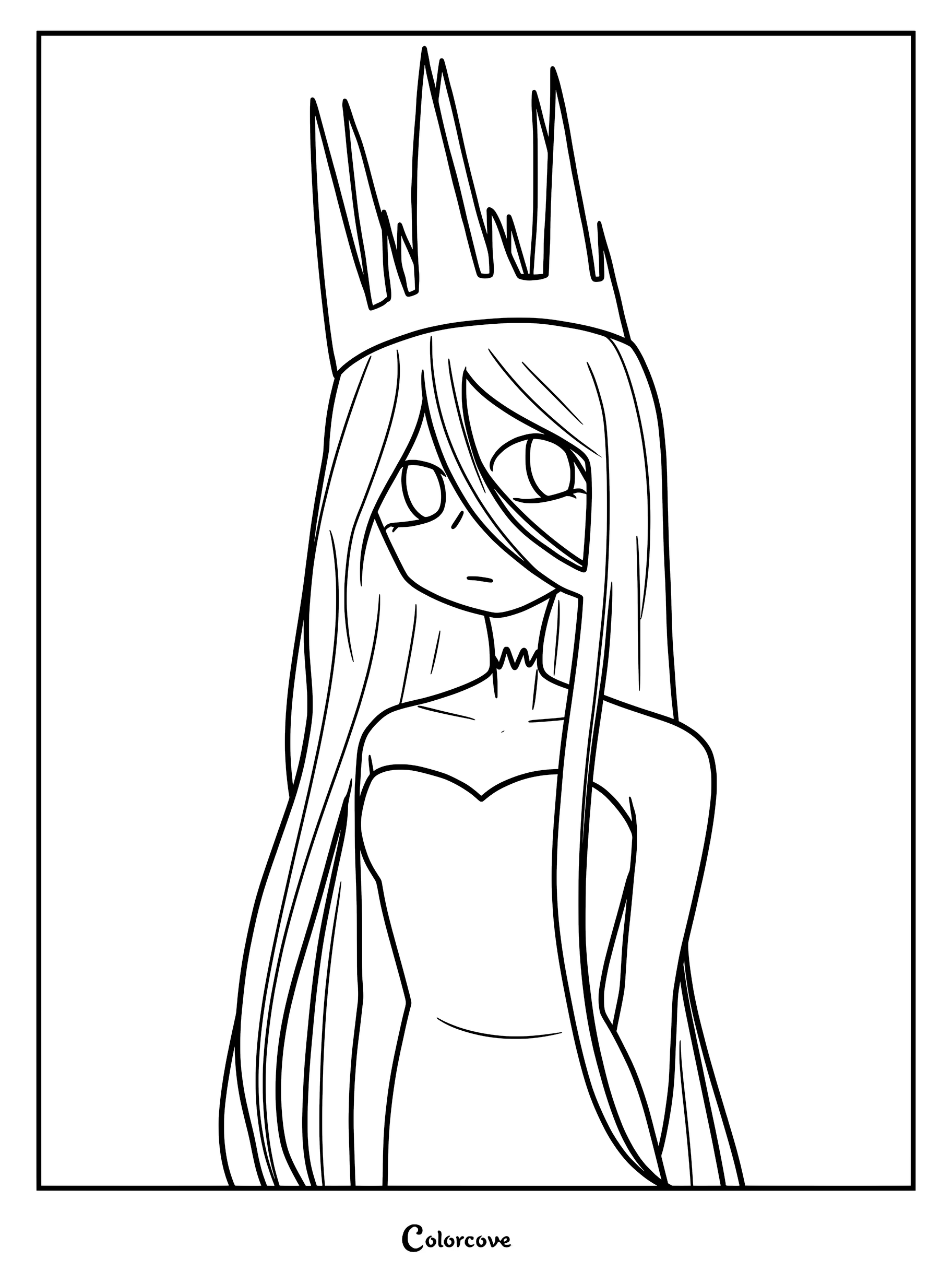 Gothic Ice Queen with long hair and a jagged crown in a printable coloring page format.