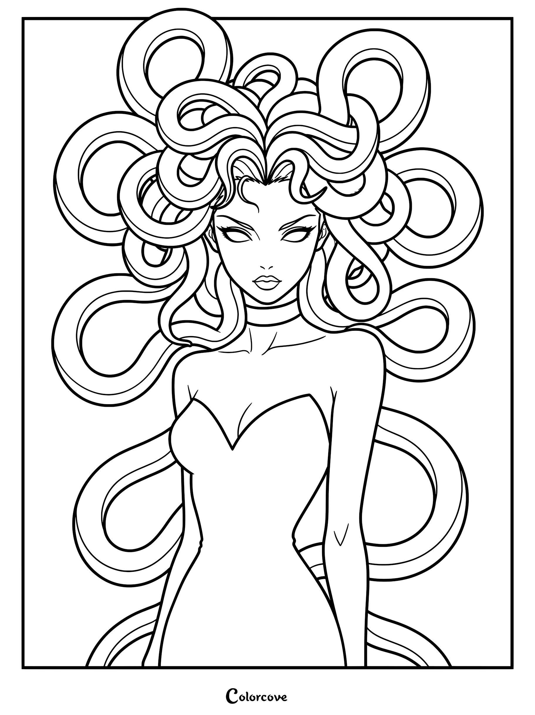 Gothic Medusa coloring page featuring a woman with snakes for hair and blank eyes in a simple dress.