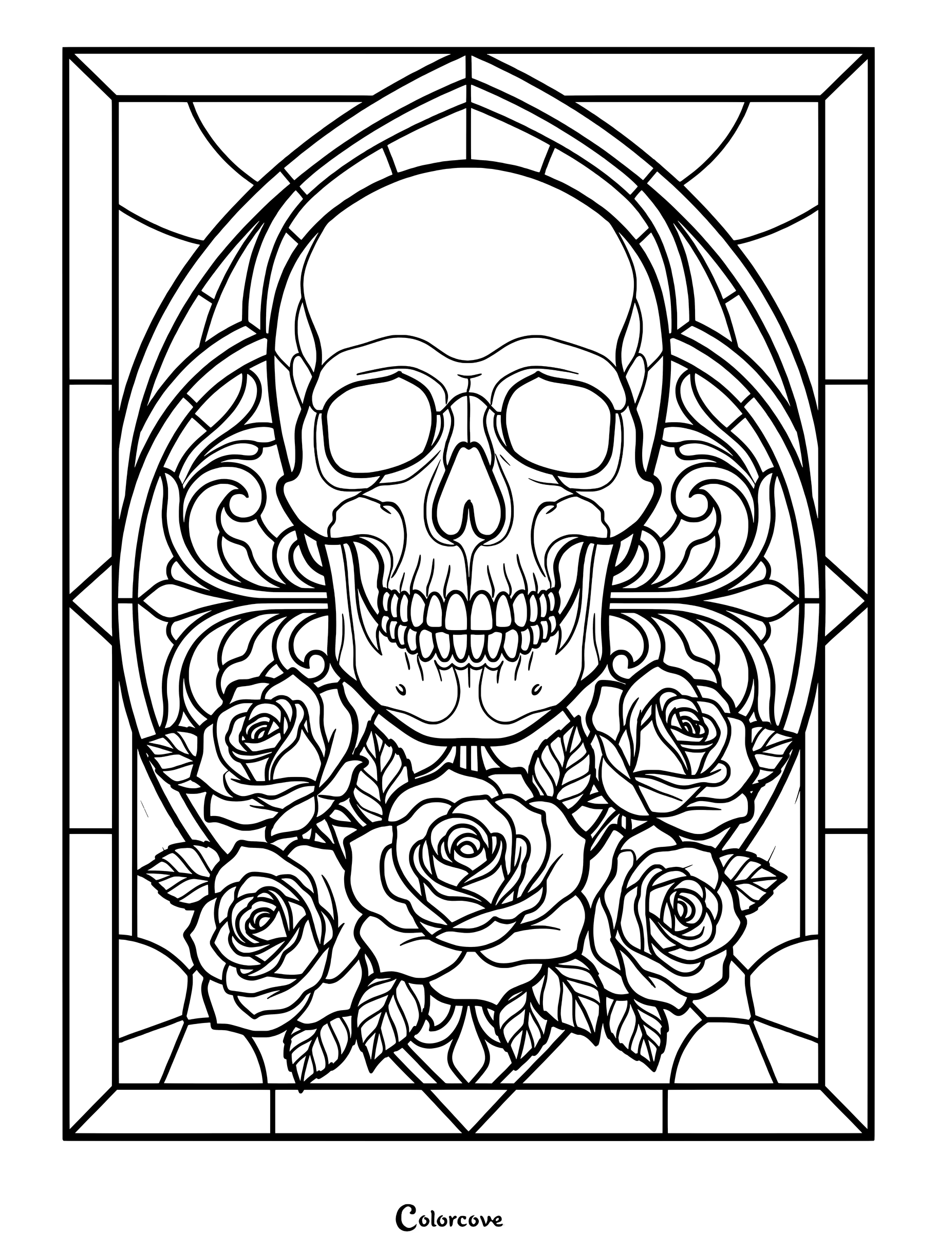 A detailed Gothic coloring page featuring a human skull centered within an ornate stained glass window frame, surrounded by blooming roses and intricate filigree patterns.