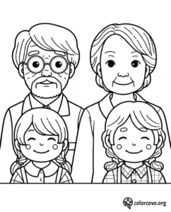 Coloring page of a smiling family with two grandparents and two children. Suitable for kids' art activities.