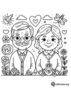 Coloring page with a cute elderly couple surrounded by hearts, flowers, and symbols. Ideal for kids and adult relaxation.