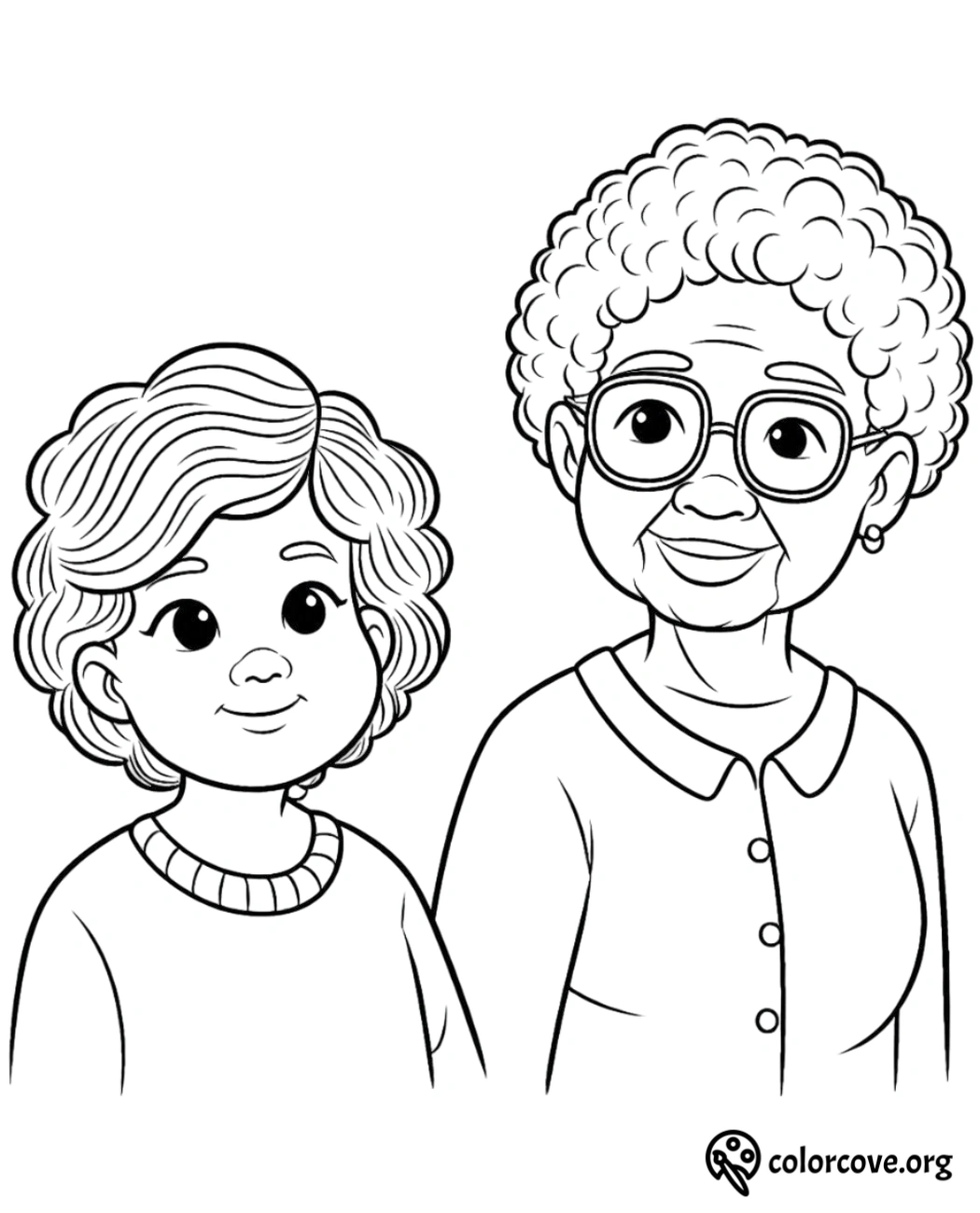 Coloring page featuring a smiling young child and an elderly woman with glasses. Ideal for family bonding activities.