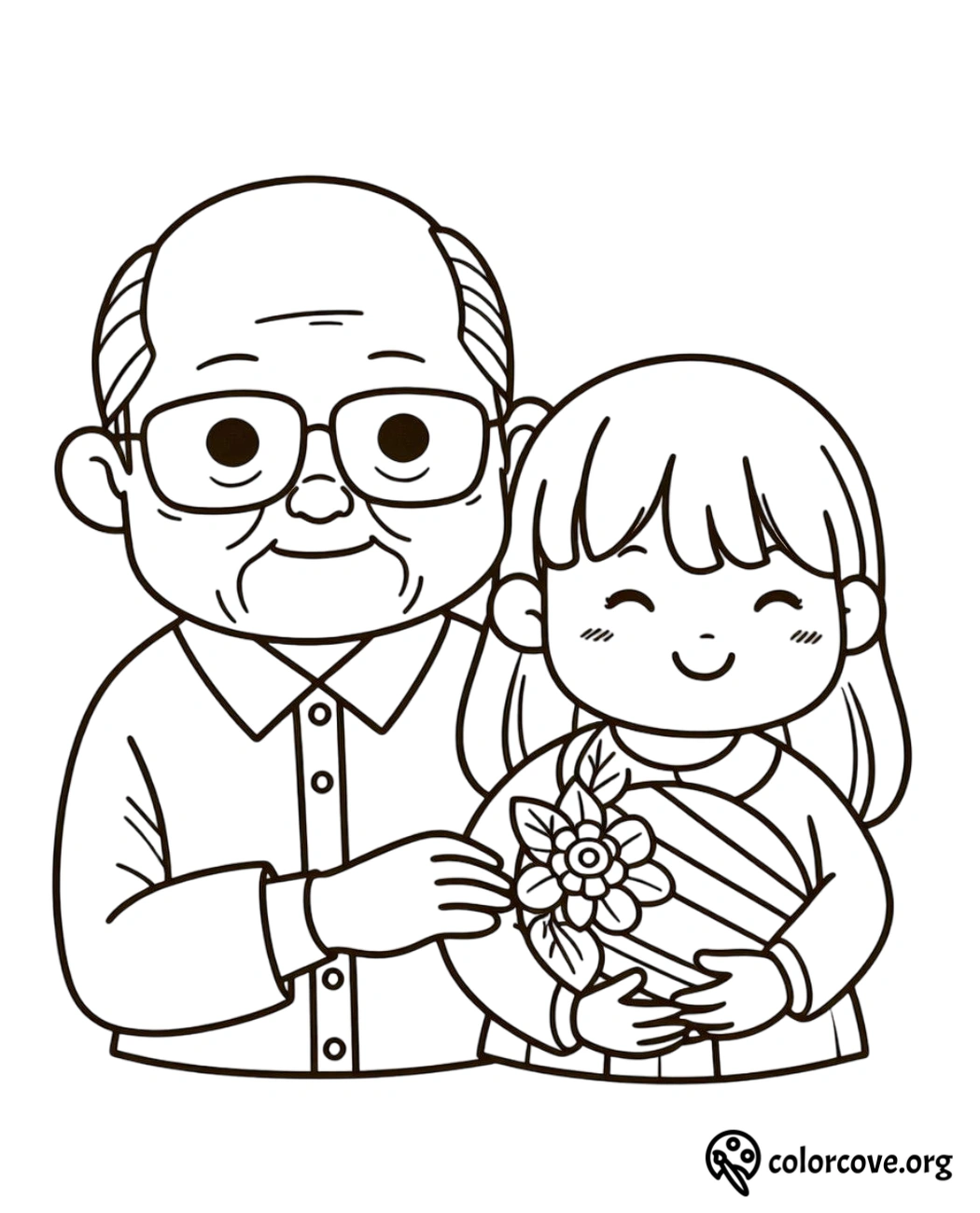 Coloring page depicting a happy elderly man with glasses and a young girl holding a flower bouquet from colorcove.org.