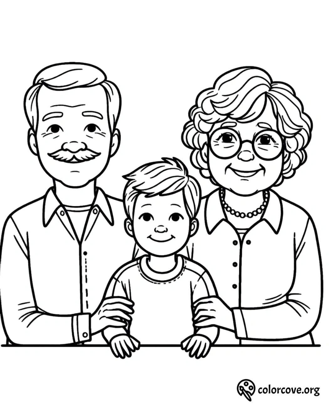 Coloring page of a happy family with grandparents and a child. Free printable family coloring sheet from colorcove.org.