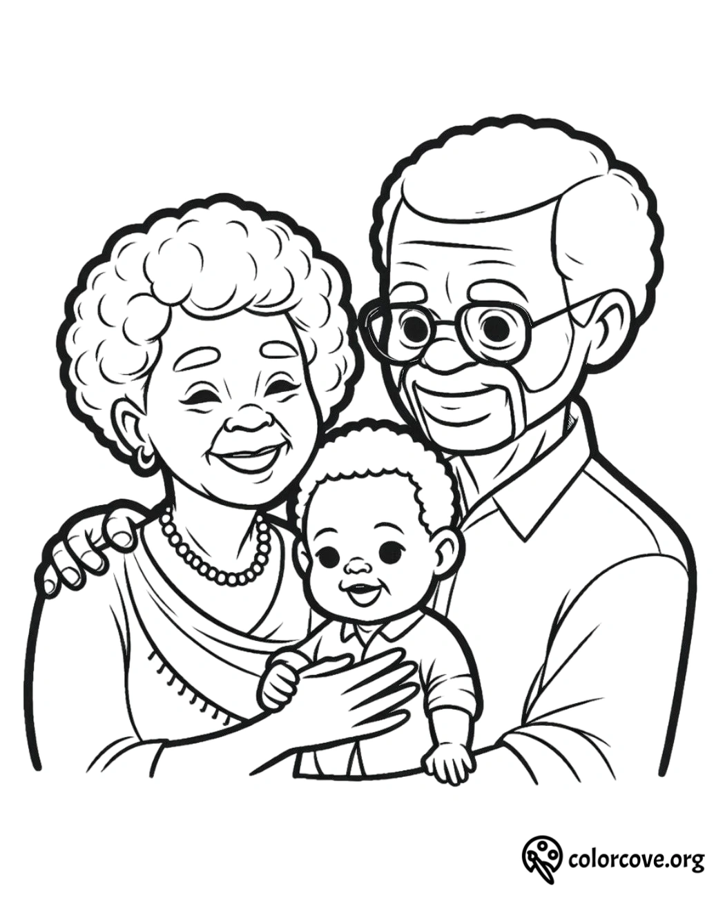 a black and white drawing of a couple holding a baby