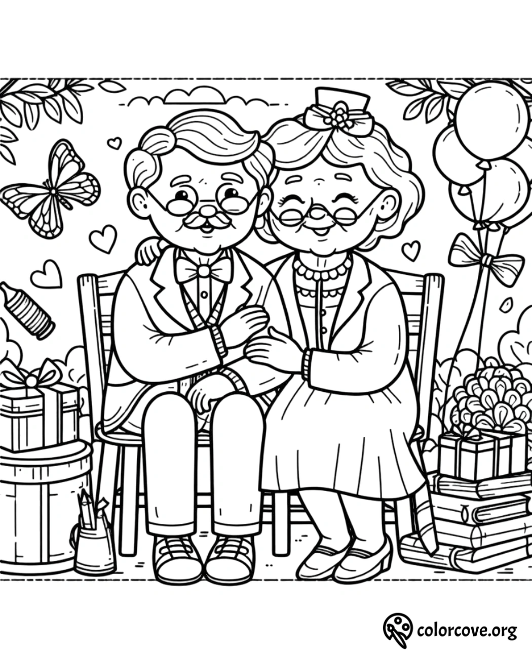 Coloring page of an elderly couple sitting on a bench, surrounded by balloons, butterflies, and gift boxes.