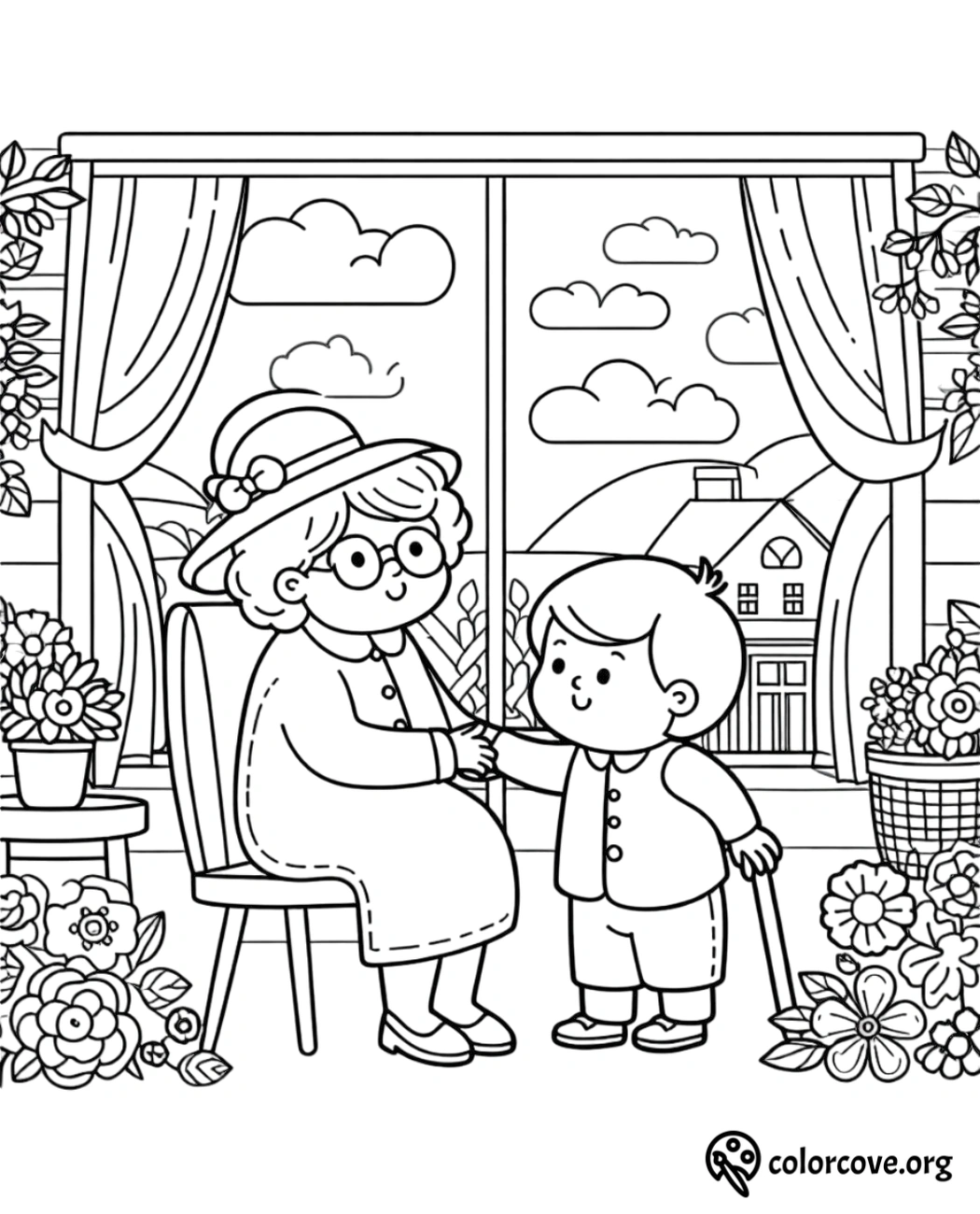 a coloring page of a woman and a boy