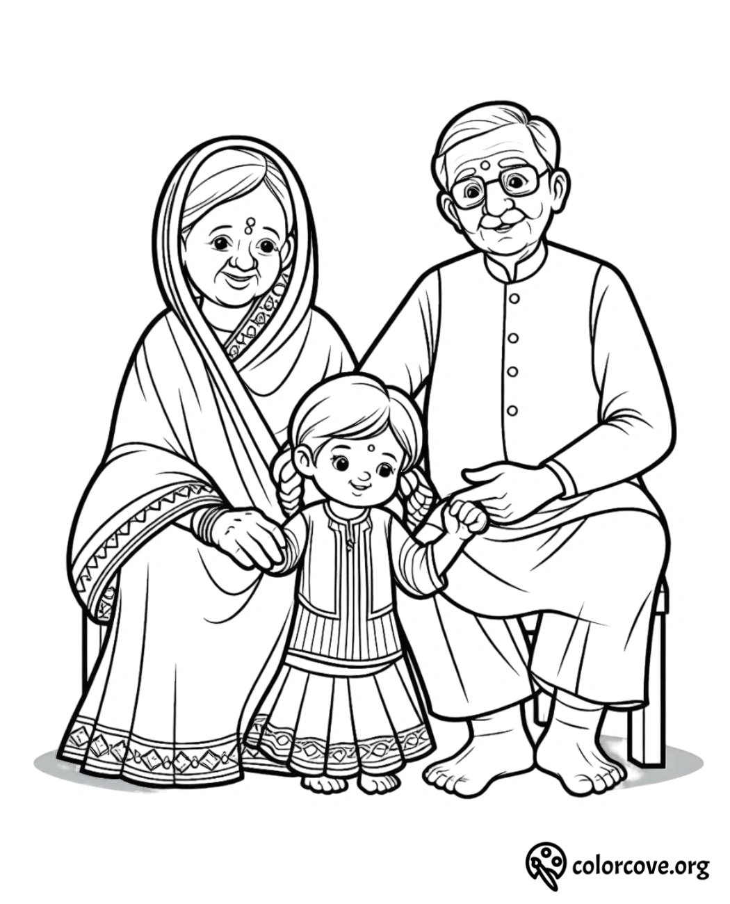 a black and white drawing of a family