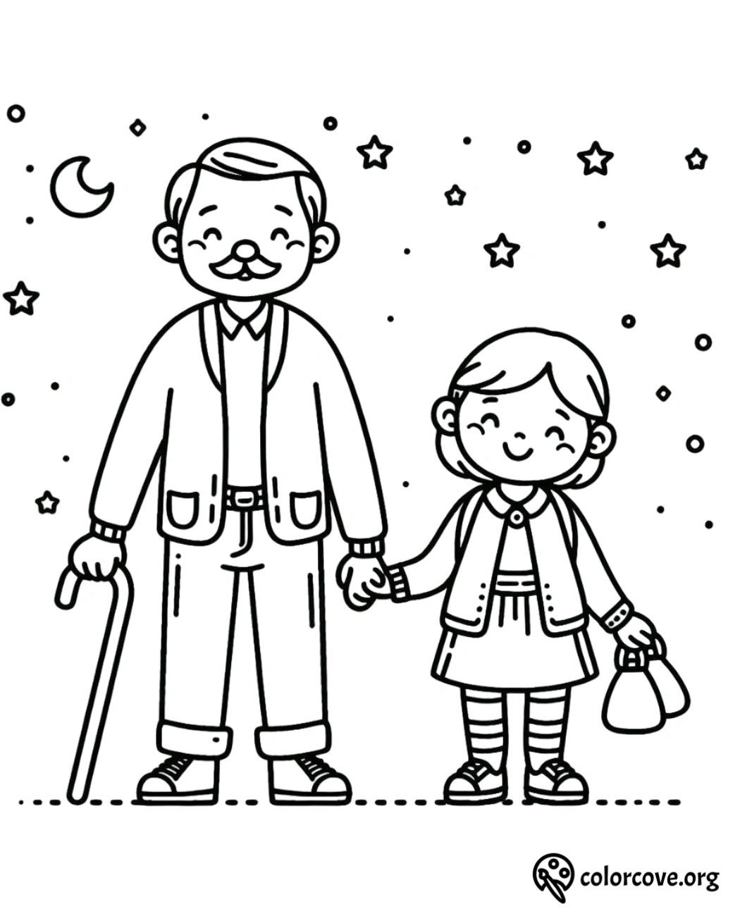 Coloring page of an elderly man with a cane and a young girl holding hands under a night sky with stars and a crescent moon.