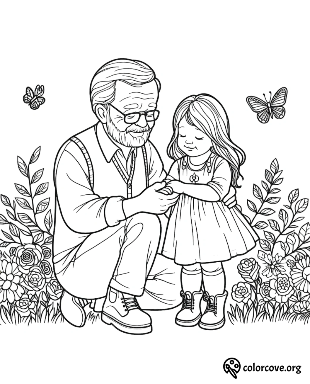 a man and a child sitting in a garden