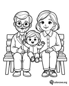 a black and white drawing of a family sitting on a bench
