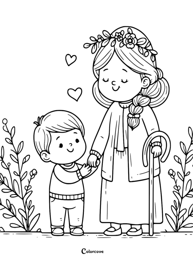 A sweet coloring page featuring a grandmother with a flower crown holding her grandson's hand, accompanied by hearts and plants.