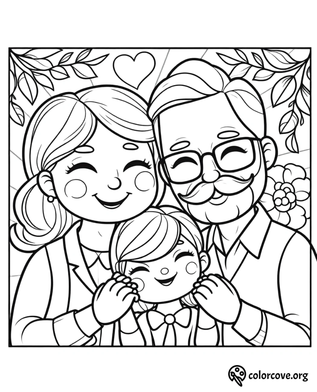 Heartwarming family coloring page of smiling grandparents and child, perfect for kids and family bonding activities.