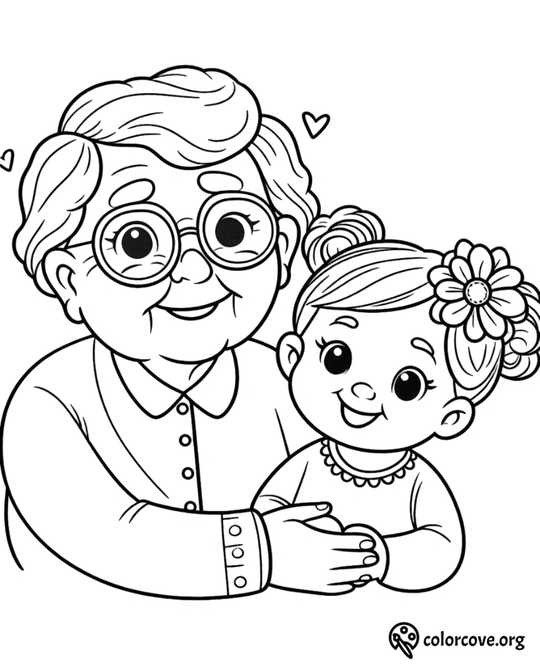 a coloring page of an old woman and a baby