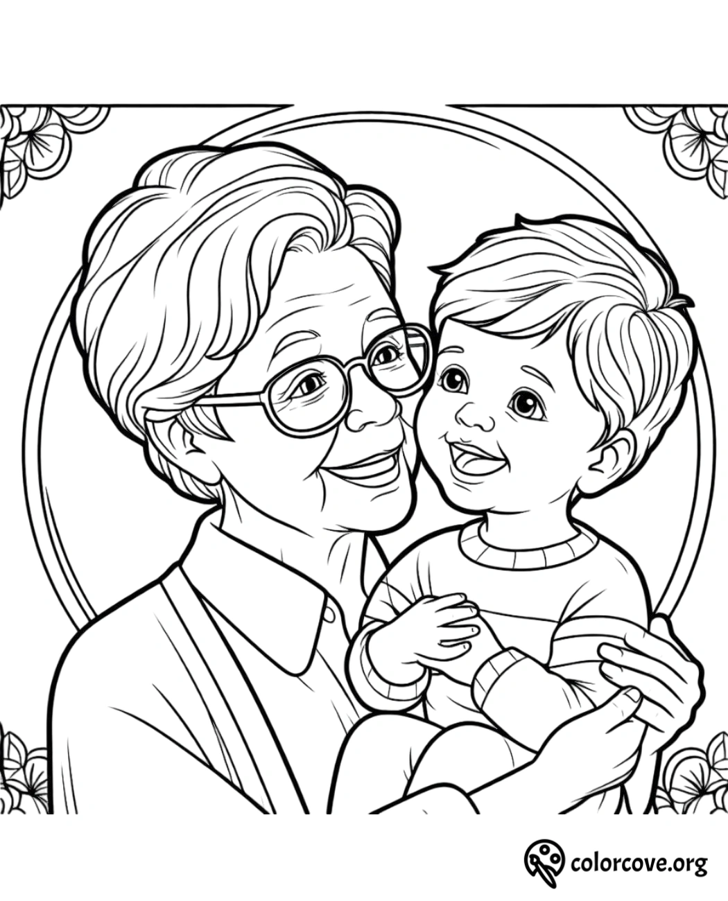 a coloring page of an old woman holding a baby