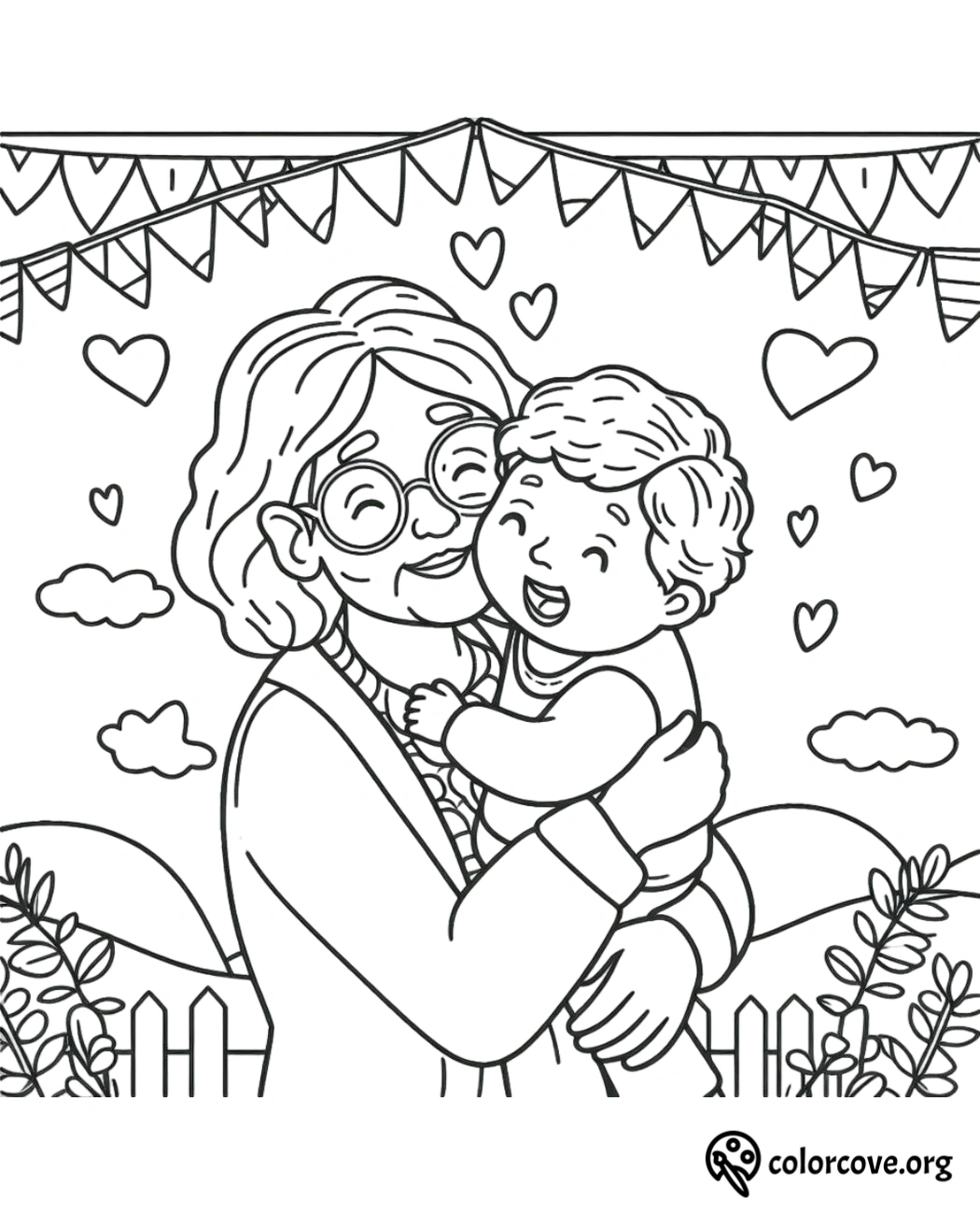 a coloring page of a woman holding a child