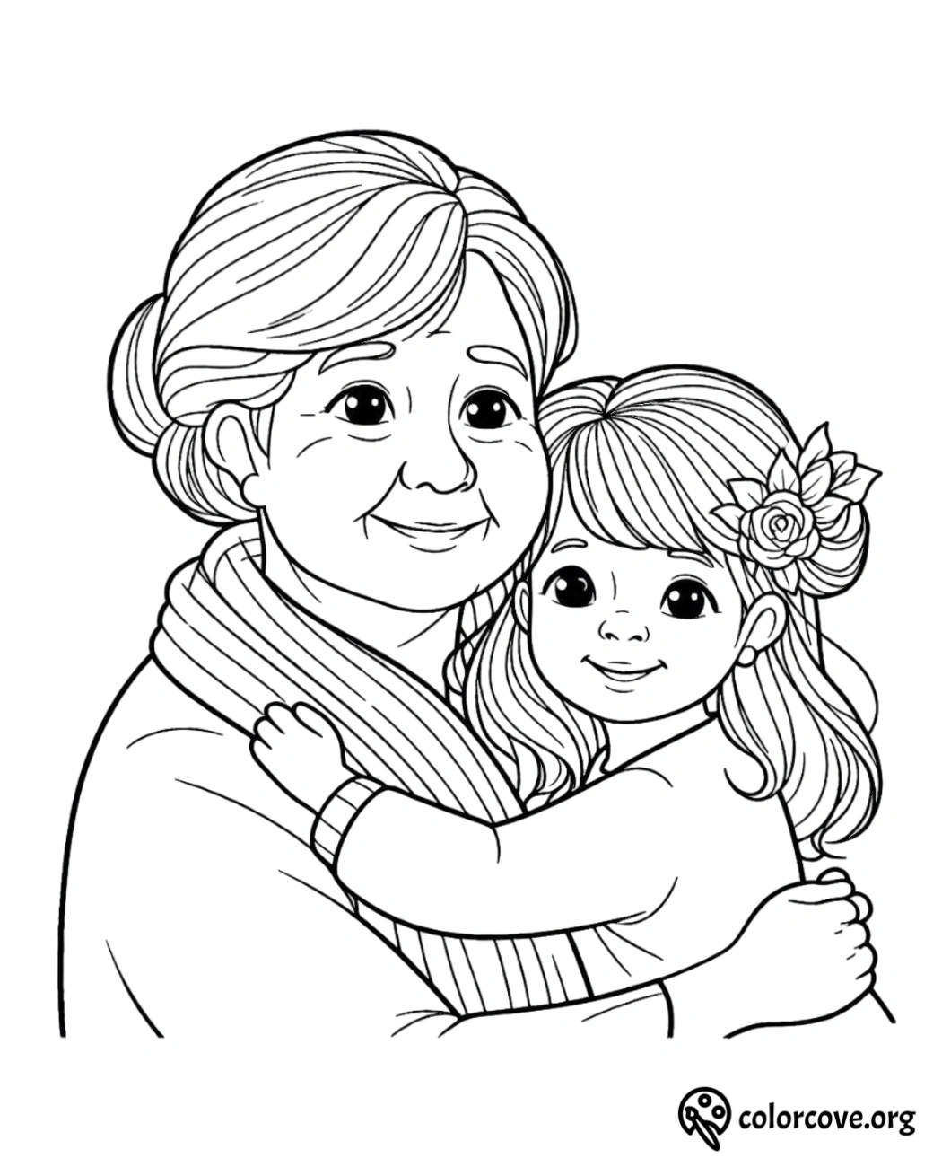 a coloring page of a woman and a girl