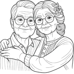 Coloring page of an elderly couple embracing, ideal for seniors, family-themed coloring activities, or grandparents' day.