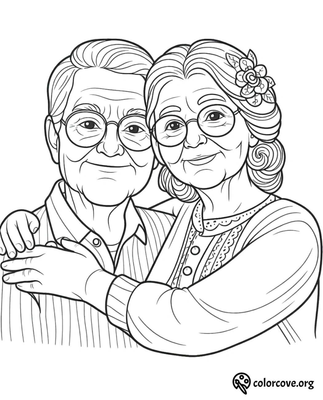 Coloring page of an elderly couple smiling and embracing each other, designed by colorcove.org.