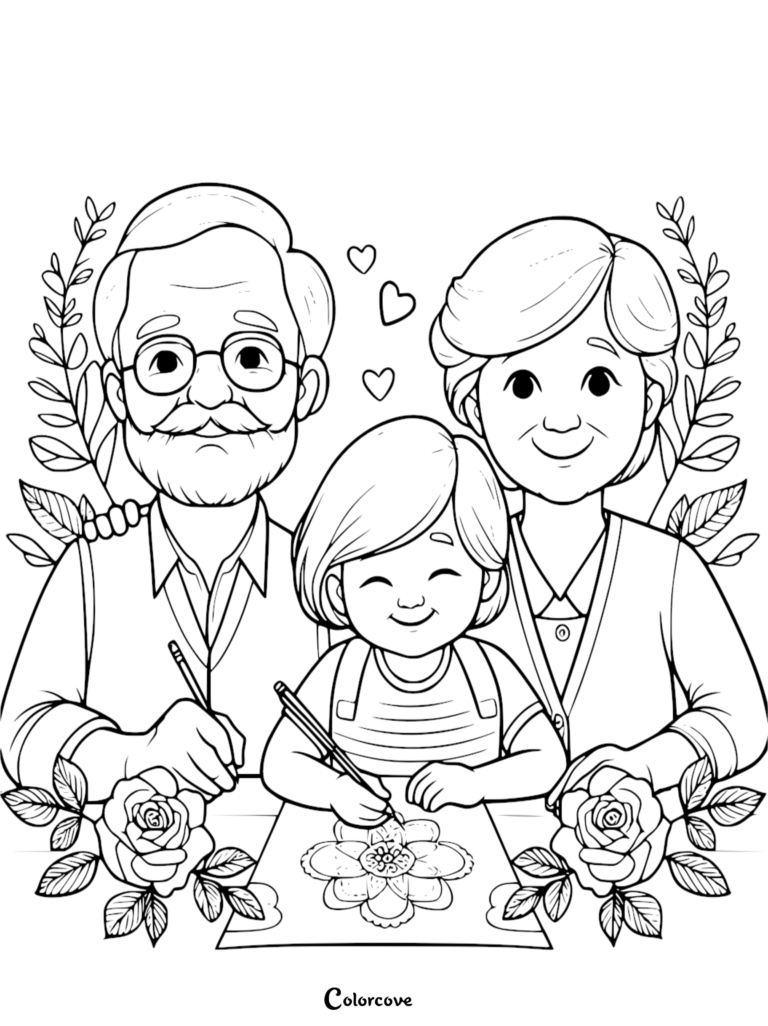 A heartwarming coloring page showing a grandmother, grandfather, and young grandchild drawing together at a table framed by roses and leafy branches with floating hearts.