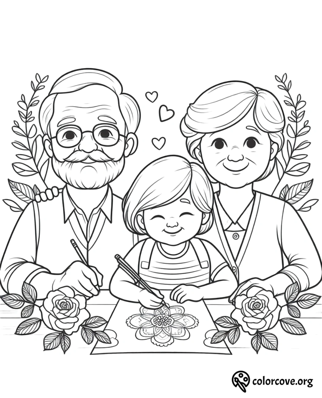 Grandparents and grandchild coloring a floral mandala together in a joyful family moment. Coloring page by colorcove.org.