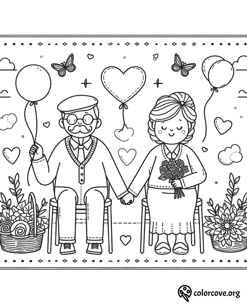 Cute elderly couple holding hands with balloons and flowers, coloring page with hearts and butterflies from ColorCove.org.