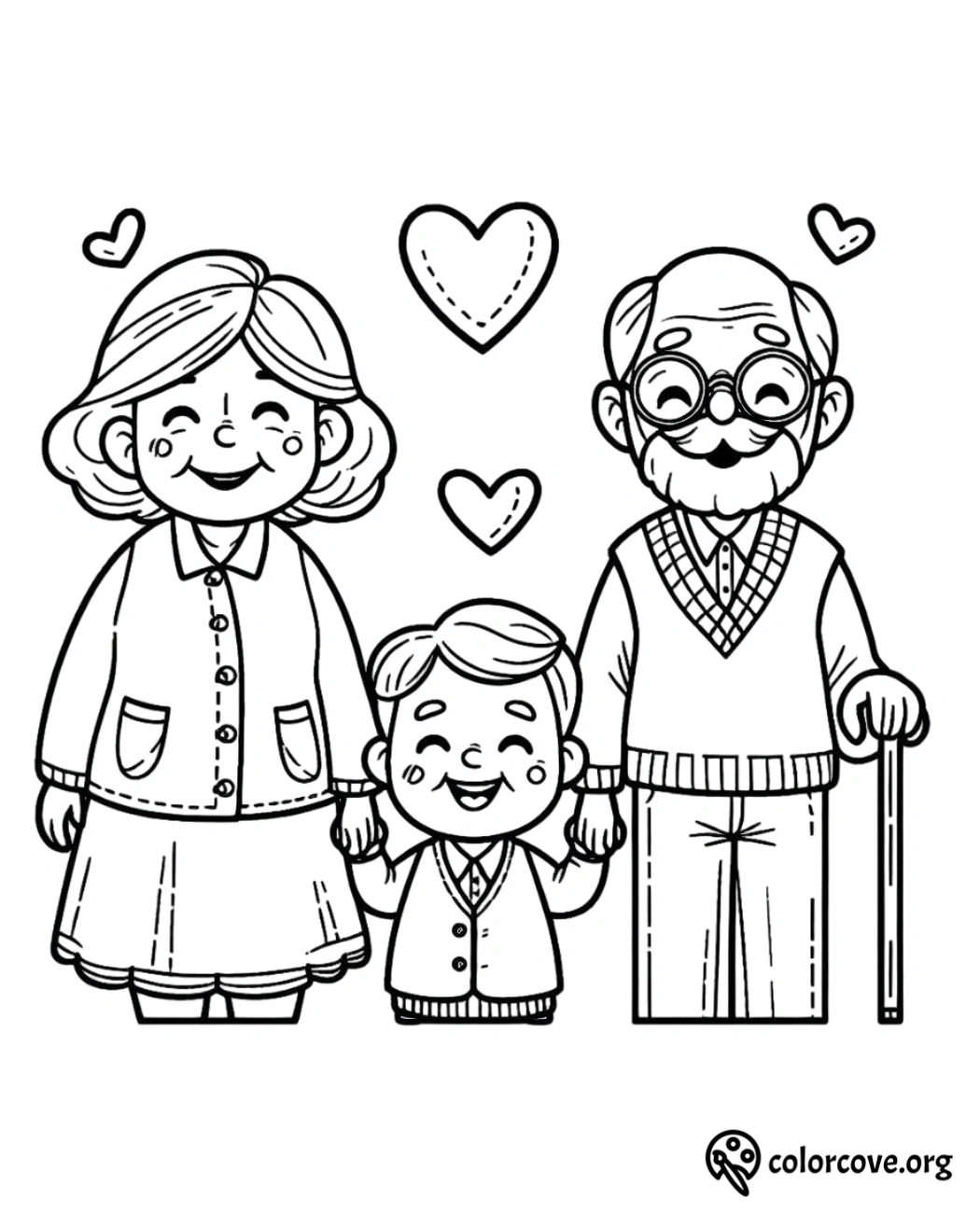 Coloring page of a happy family with grandparents and a child, hand in hand with hearts floating above.