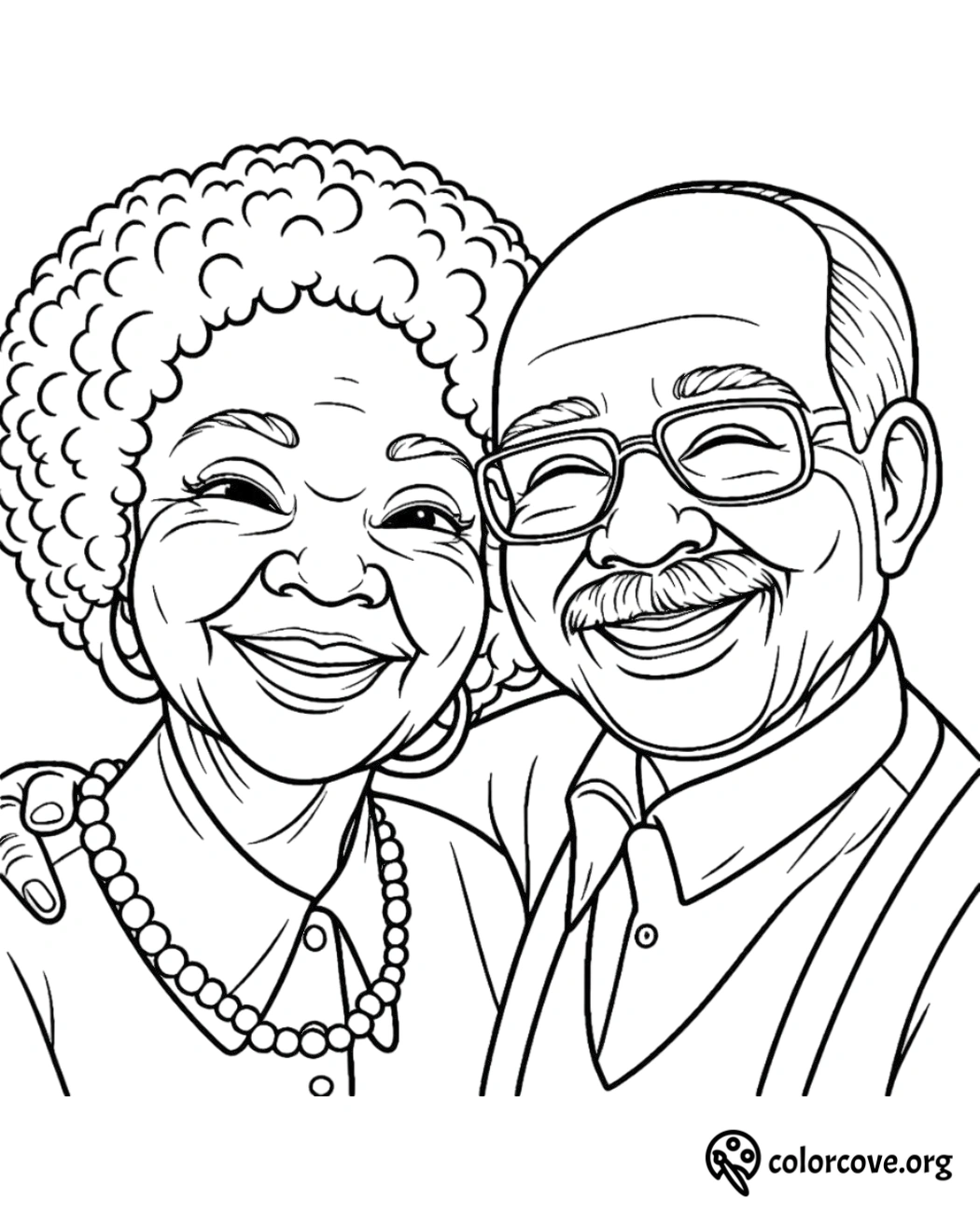 Coloring page of a smiling elderly couple with glasses, frosted curly hair and a necklace. Perfect for relaxation and fun.