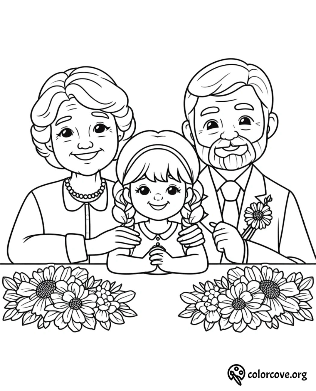 a black and white drawing of a family