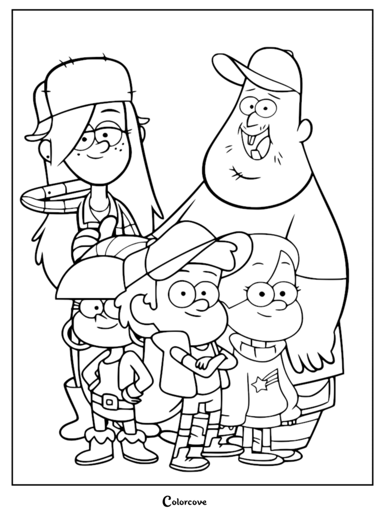 Gravity Falls coloring page featuring Wendy Corduroy, Soos Ramirez, Pacifica Northwest, Dipper Pines, and Mabel Pines standing together.