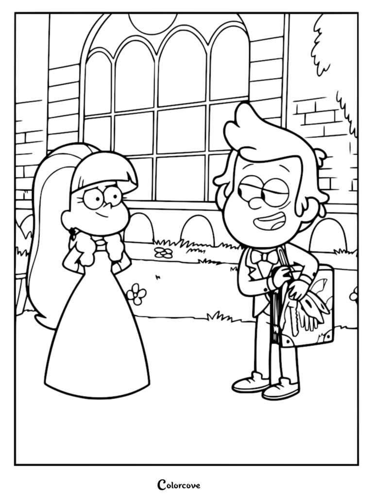 Dipper Pines in a tuxedo holding a box and Pacifica Northwest in a formal gown standing outside a mansion for this Gravity Falls coloring page.