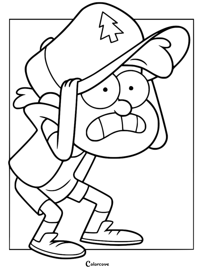Dipper Pines from Gravity Falls looking worried while holding his pine tree hat in this printable coloring page.