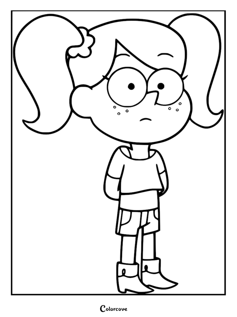 Emma Sue from Gravity Falls with pigtails and glasses in a printable coloring page format