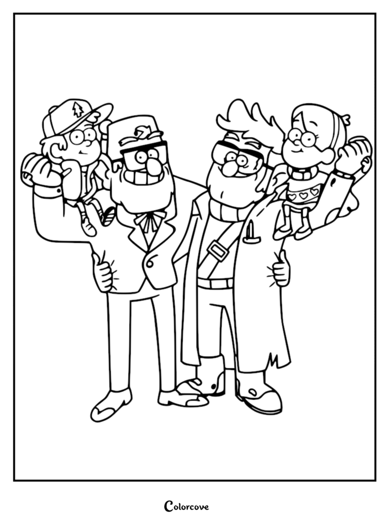 Grunkle Stan and Stanford Pines carrying Dipper and Mabel on their shoulders in this Gravity Falls coloring page.
