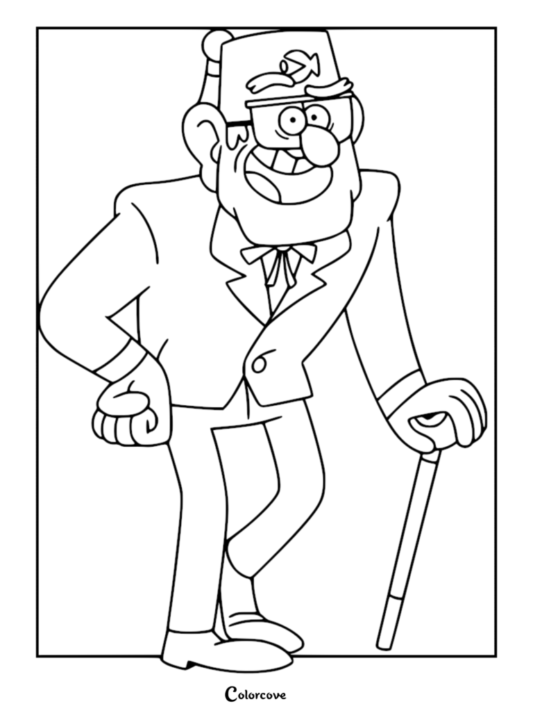 Grunkle Stan wearing his signature fez and suit while holding a cane in this printable coloring page.