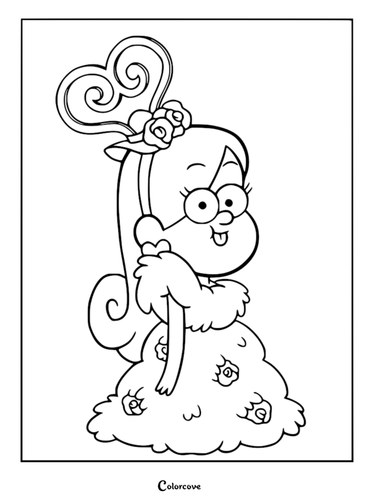 Mabel Pines wearing a fancy dress with a heart-shaped headpiece and floral accents in this printable coloring page